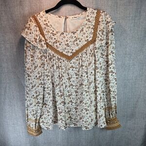 In Loom Womens Prairie Western Country Peasant Ruffles Blouse Sz M Brown Paisley